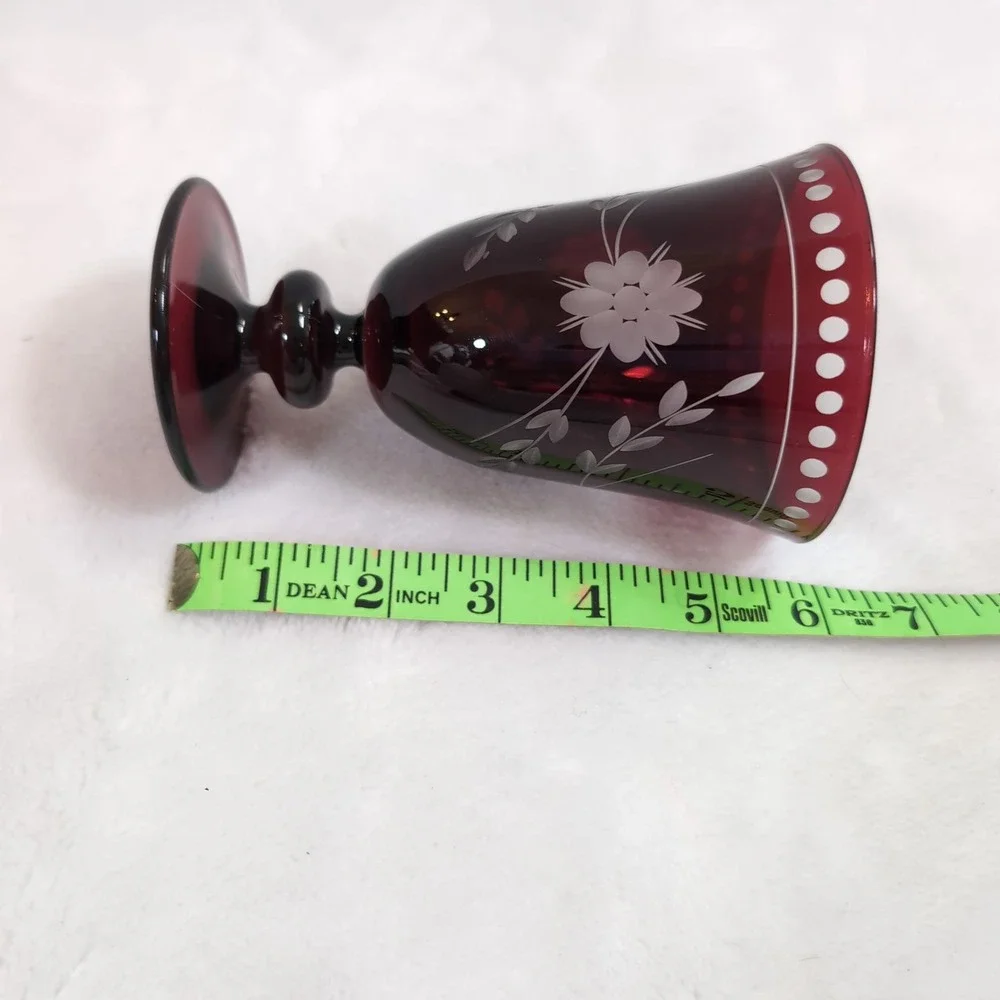 Williams Sonoma Goblet Set Ruby Red Vintage Cut to Clear Floral Glass Etched 4pc